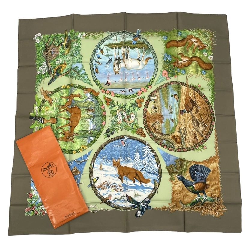 Hermes Carre 90 les Quatre Saisons Four Seasons Brown Animal Flower Scarf Silk