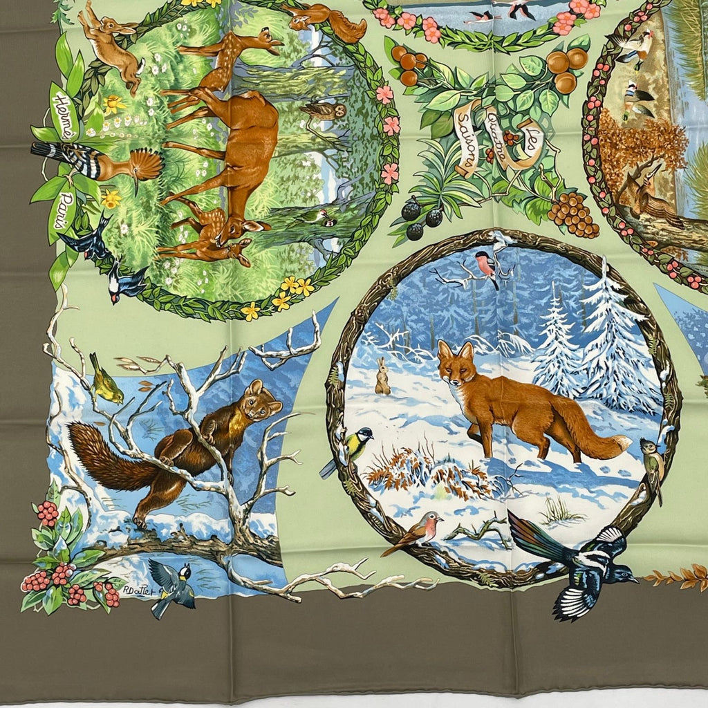 Hermes Carre 90 les Quatre Saisons Four Seasons Brown Animal Flower Scarf Silk — view 5