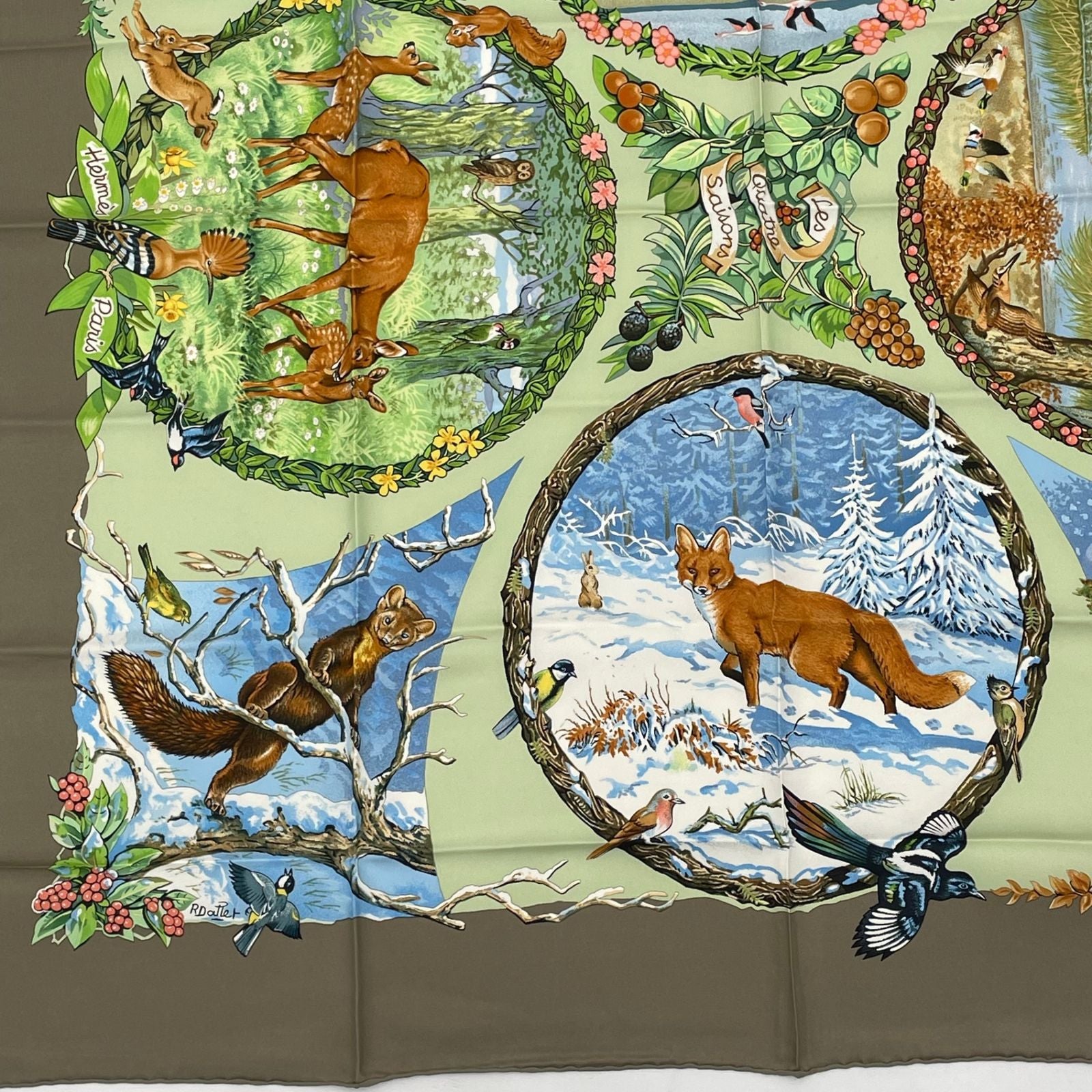 Hermes Carre 90 les Quatre Saisons Four Seasons Brown Animal Flower Scarf Silk — view 5