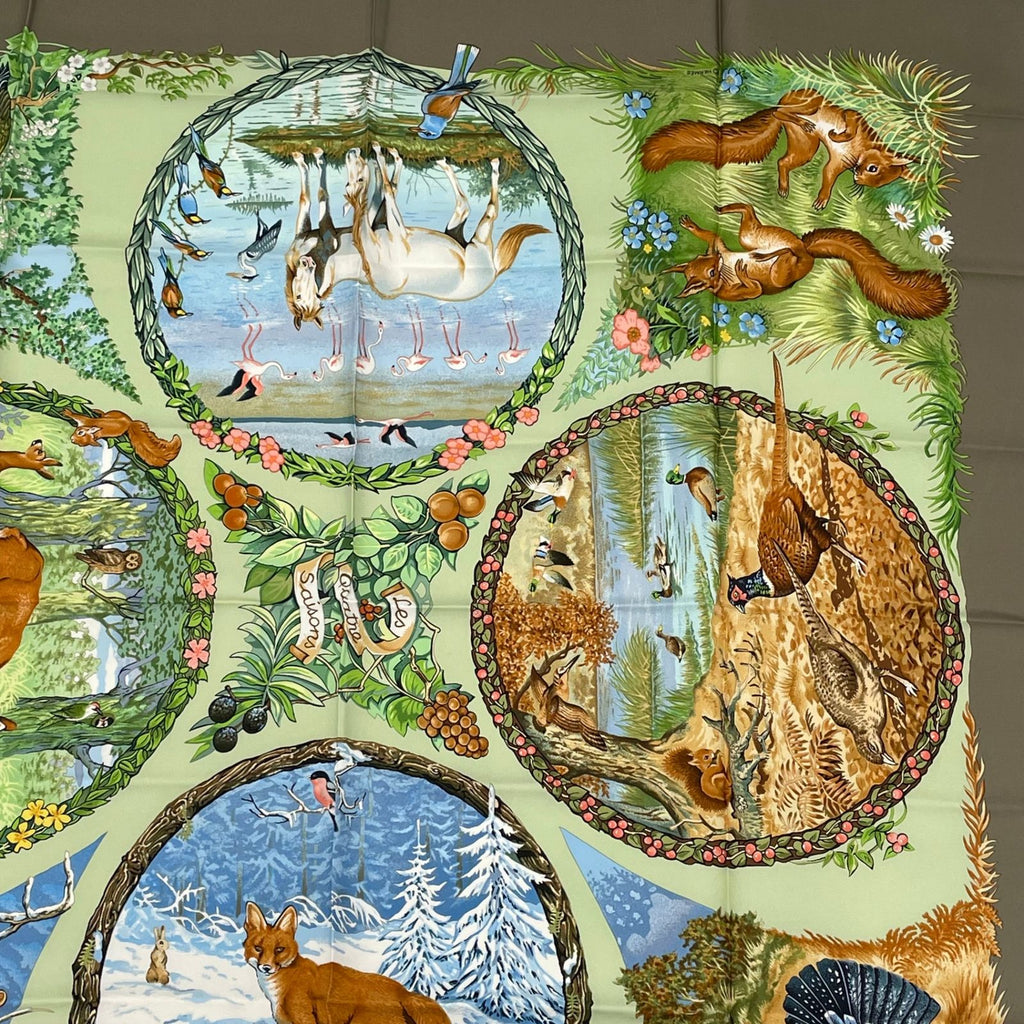 Hermes Carre 90 les Quatre Saisons Four Seasons Brown Animal Flower Scarf Silk — view 4