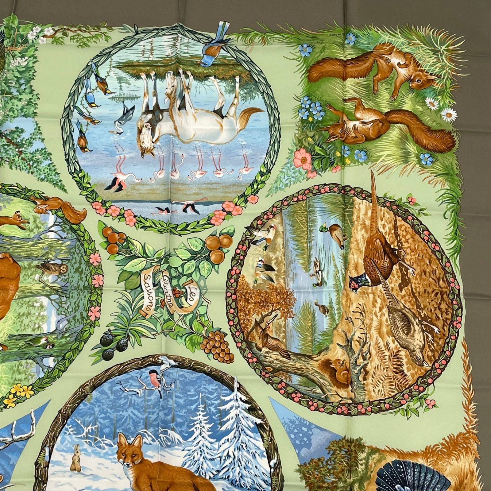 Hermes Carre 90 les Quatre Saisons Four Seasons Brown Animal Flower Scarf Silk — view 4