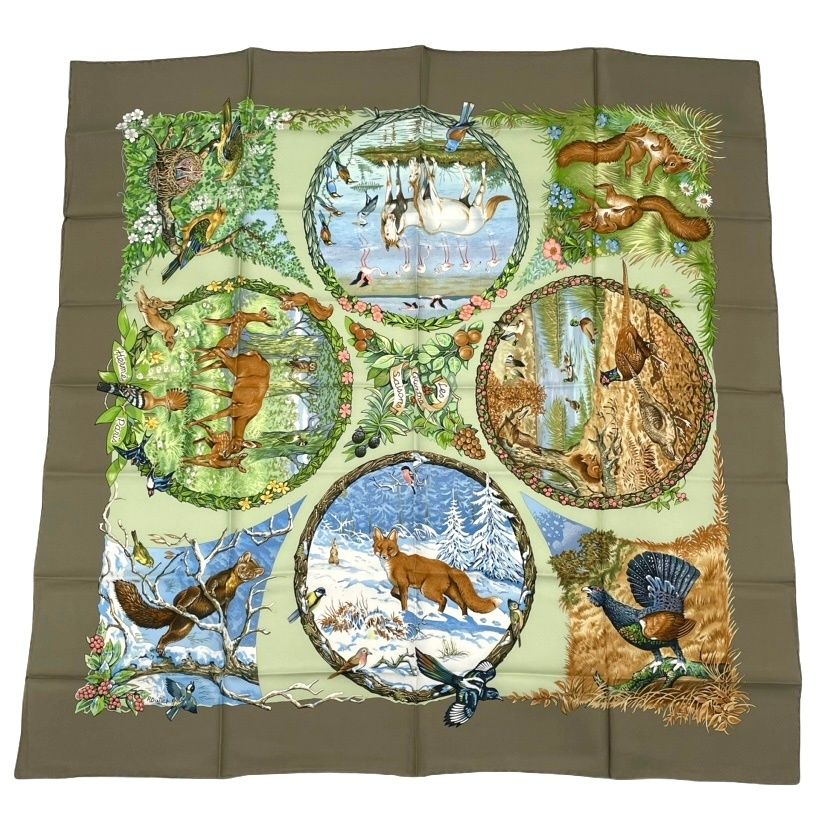 Hermes Carre 90 les Quatre Saisons Four Seasons Brown Animal Flower Scarf Silk — view 2