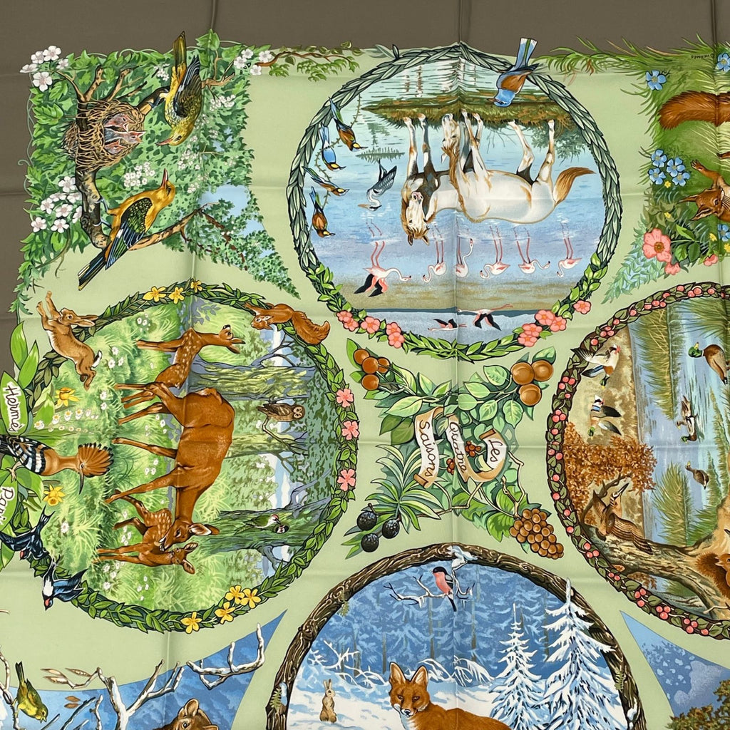Hermes Carre 90 les Quatre Saisons Four Seasons Brown Animal Flower Scarf Silk — view 3