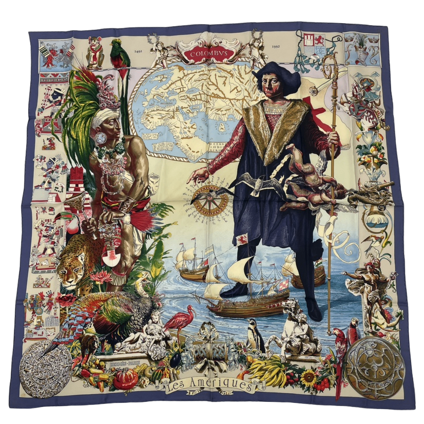Hermes Carre 90 Scarf les Ameriques Americas Columbus Silk Multicolor