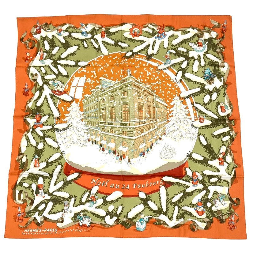 Hermes Carre 90 Noel Au 24 Faubourg Christmas At 24 Silk Scarf Orange