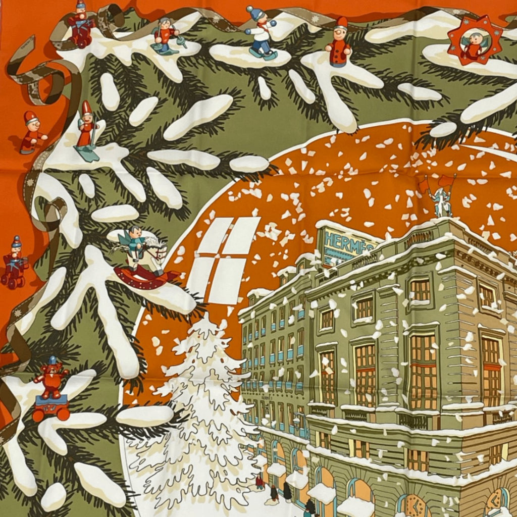 Hermes Carre 90 Noel Au 24 Faubourg Christmas At 24 Silk Scarf Orange