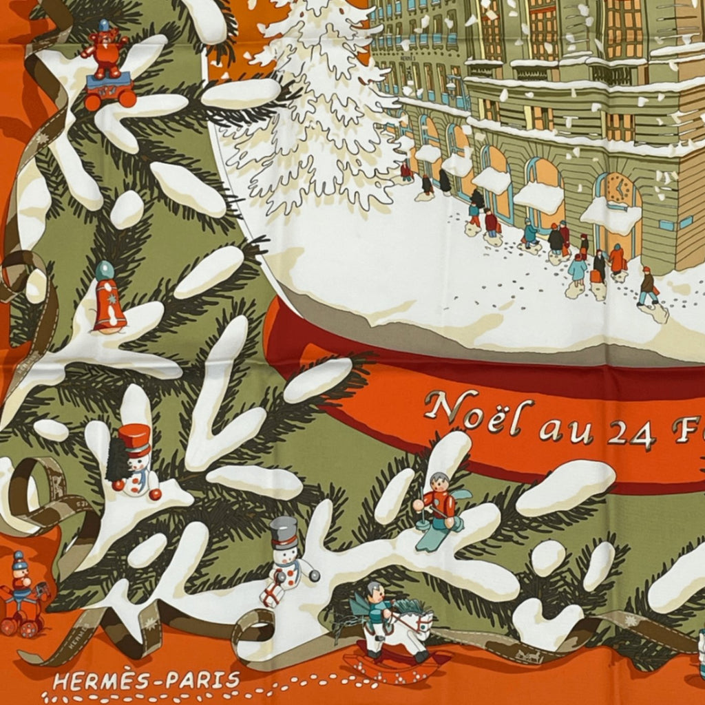 Hermes Carre 90 Noel Au 24 Faubourg Christmas At 24 Silk Scarf Orange