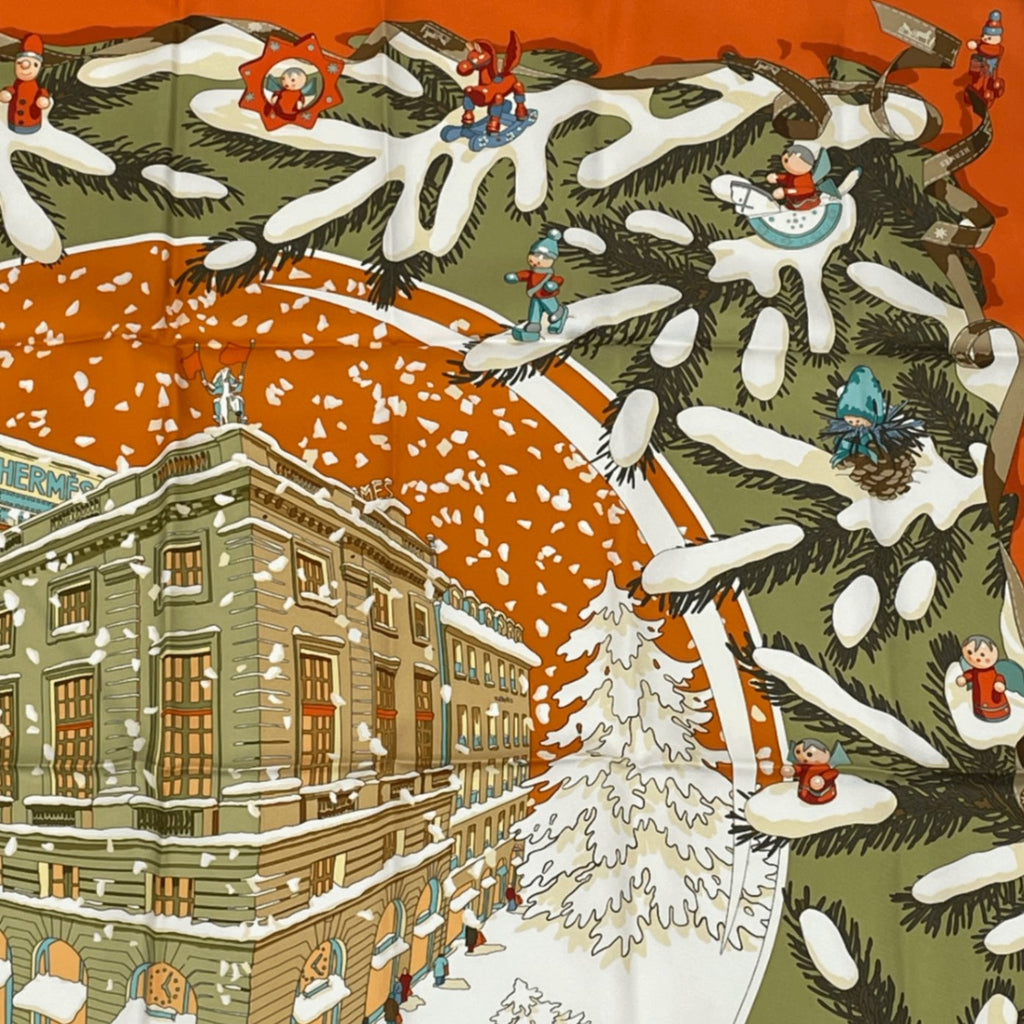 Hermes Carre 90 Noel Au 24 Faubourg Christmas At 24 Silk Scarf Orange