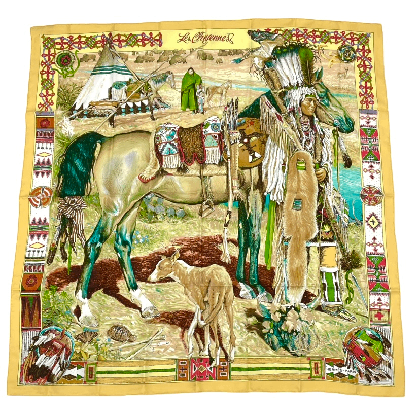 Hermes les Cheyenne Carre 90 Silk Yellow Multicolor Scarf