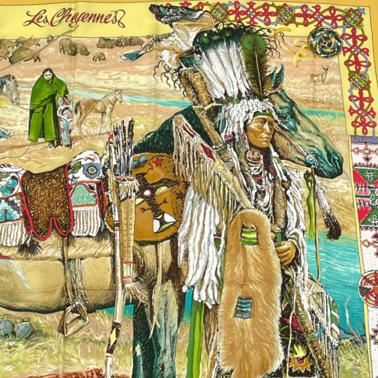 Hermes les Cheyenne Carre 90 Silk Yellow Multicolor Scarf — view 3