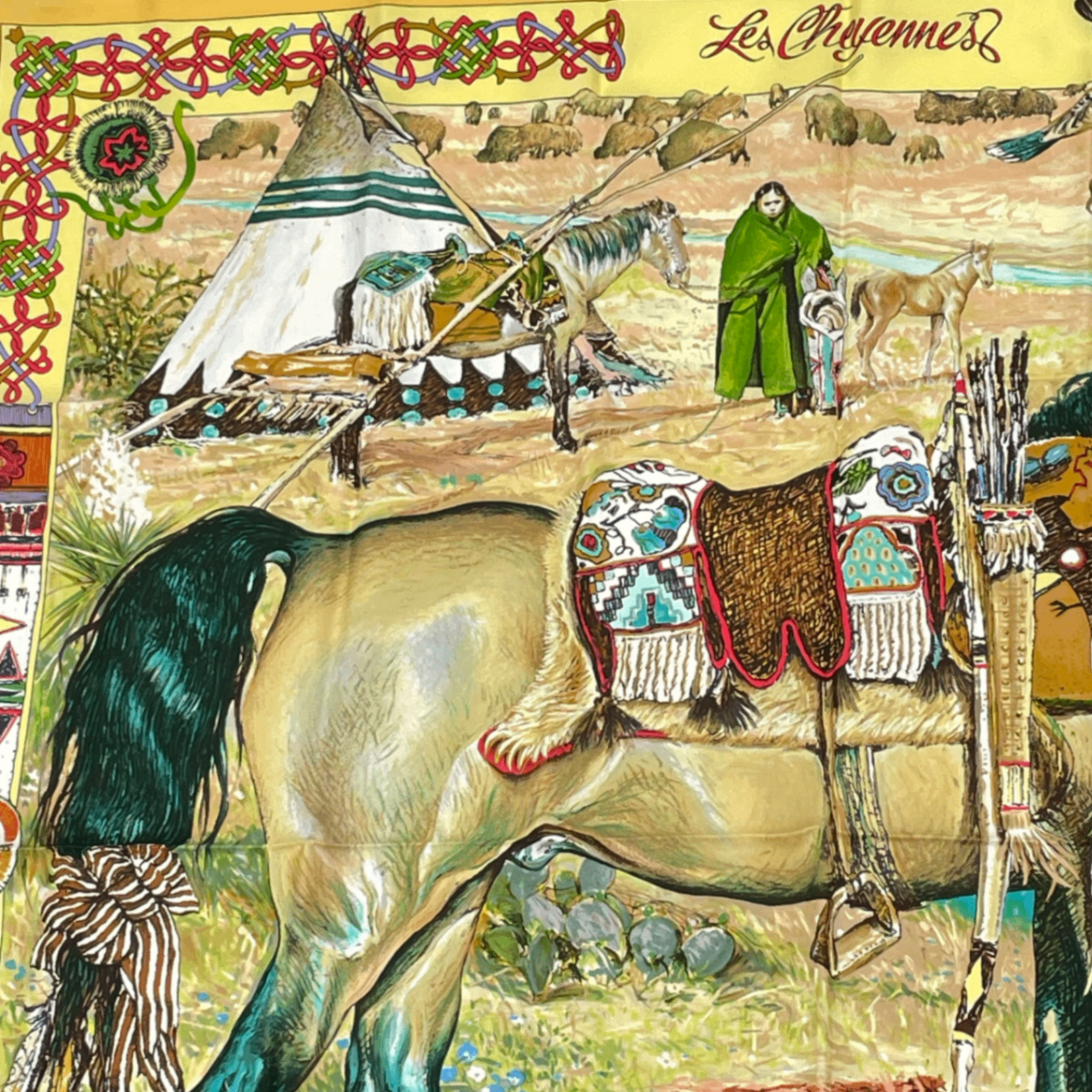 Hermes les Cheyenne Carre 90 Silk Yellow Multicolor Scarf — view 2