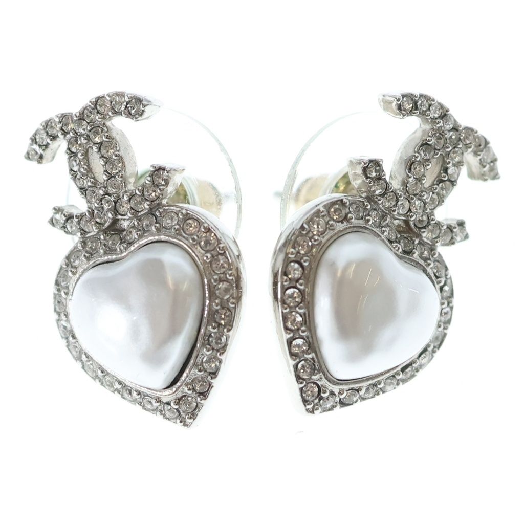 Chanel CC Logo Metal Strass Heart Rhinestone Earrings Silver