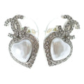 Chanel CC Logo Metal Strass Heart Rhinestone Earrings Silver