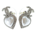 Chanel CC Logo Metal Strass Heart Rhinestone Earrings Silver