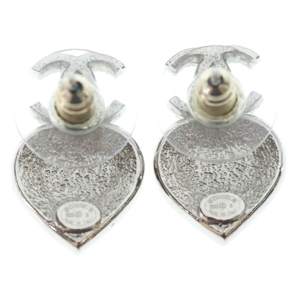 Chanel CC Logo Metal Strass Heart Rhinestone Earrings Silver — view 2