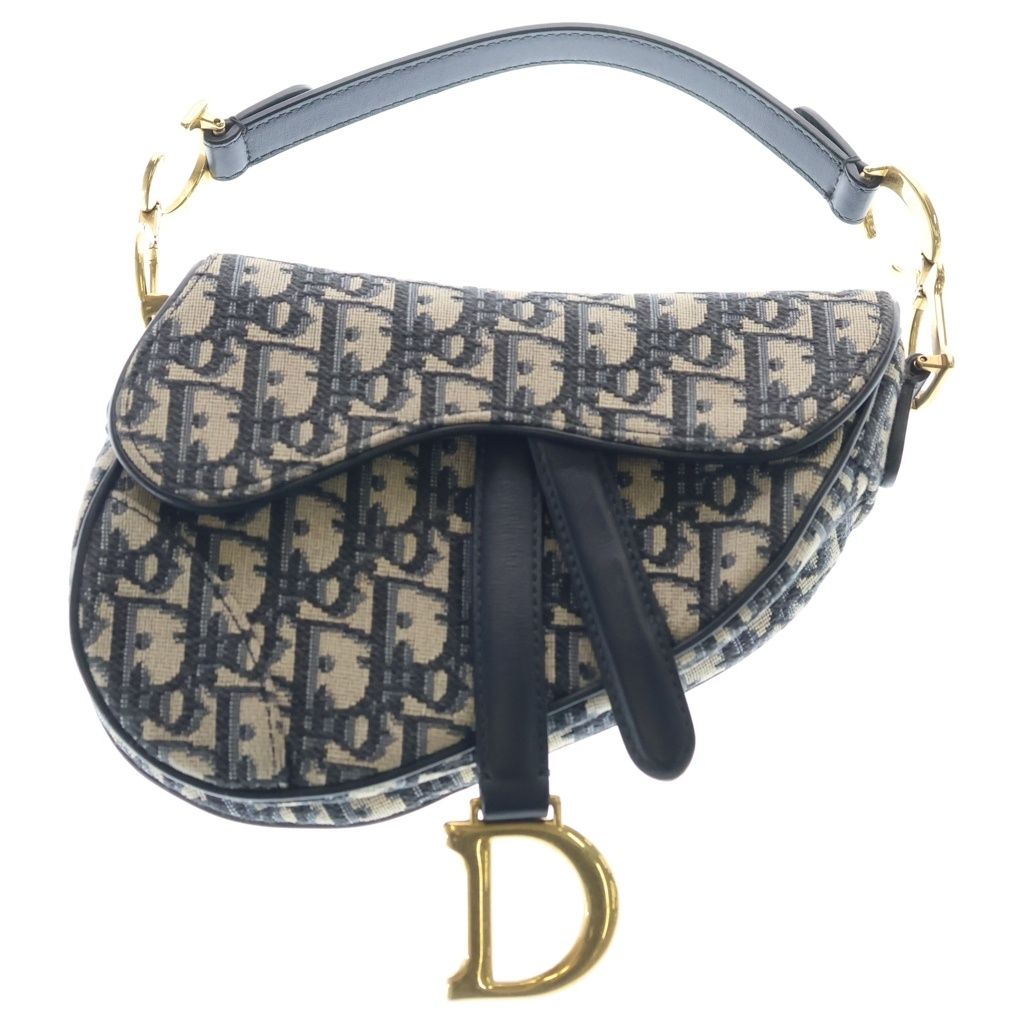 Dior Oblique Saddle Bag Top Handle Navy Leather Canvas Gold