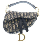 Dior Oblique Saddle Bag Top Handle Navy Leather Canvas Gold
