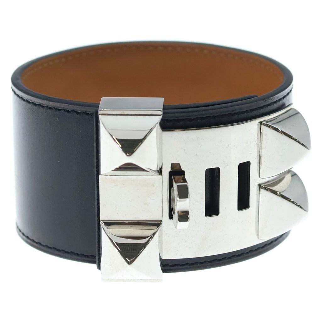 Hermes Collier de Chien Leather Bangle de Silver Black Bracelet — view 2
