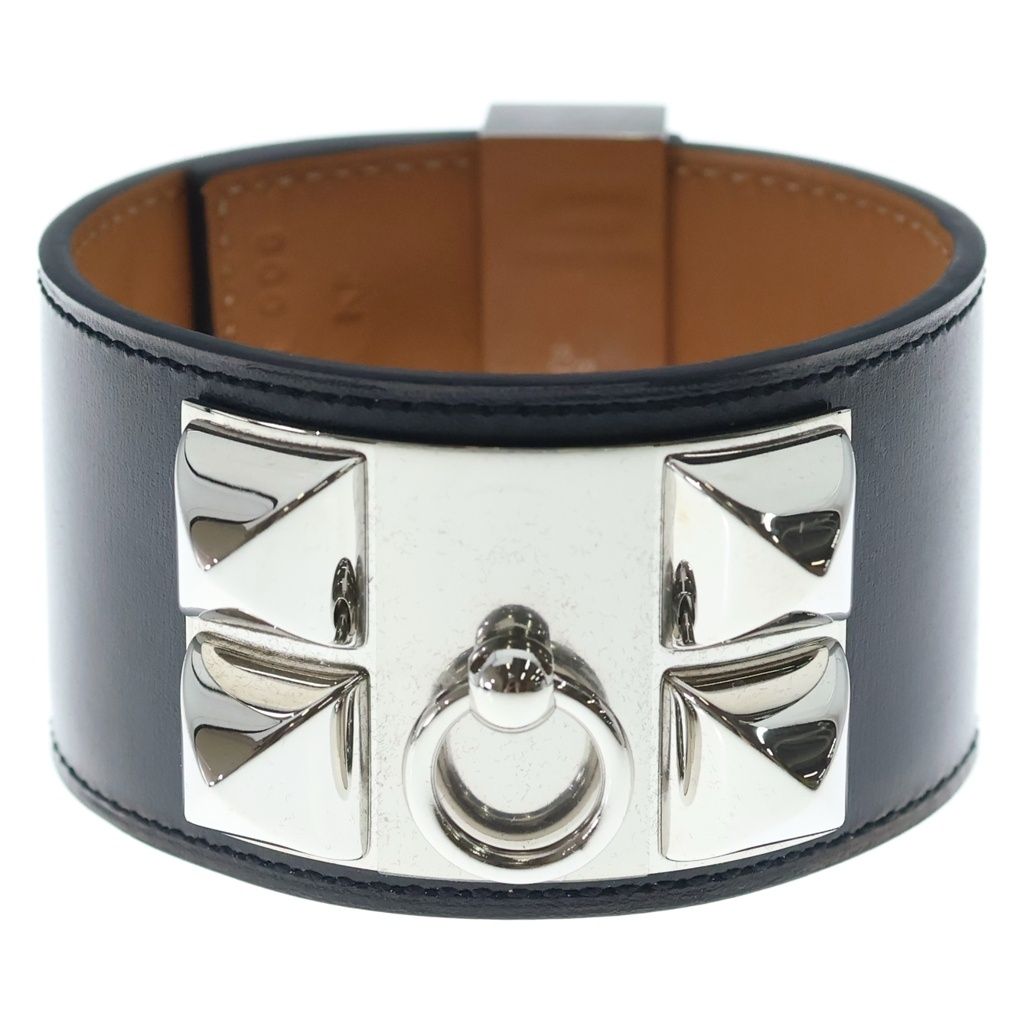 Hermes Collier de Chien Leather Bangle de Silver Black Bracelet — view 4