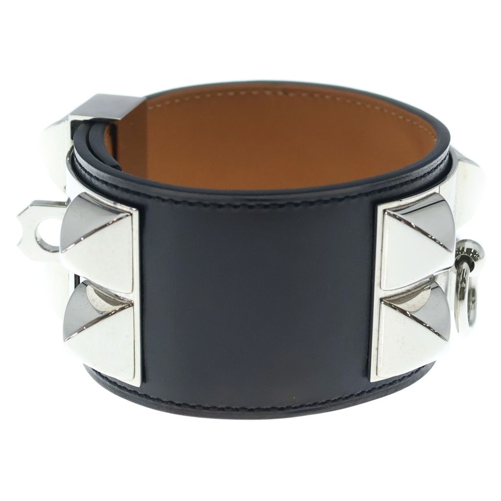 Hermes Collier de Chien Leather Bangle de Silver Black Bracelet — view 3