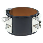 Hermes Collier de Chien Leather Bangle de Silver Black Bracelet — view 3
