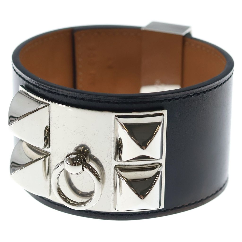 Hermes Collier de Chien Leather Bangle de Silver Black Bracelet
