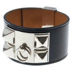 Hermes Collier de Chien Leather Bangle de Silver Black Bracelet