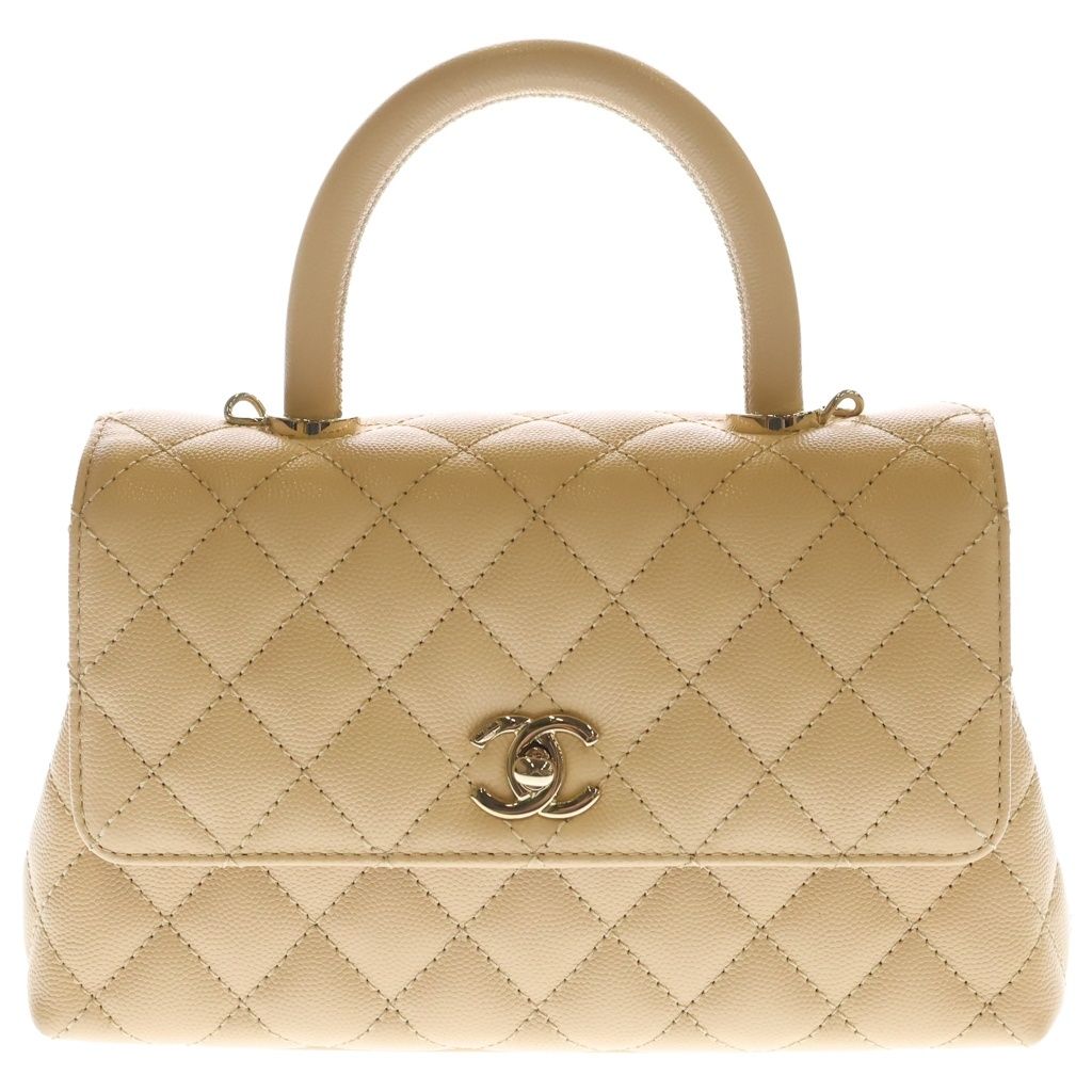 Chanel Coco Handle 24 Quilted 2-Way Shoulder Bag Caviar Leather Champagne Cream