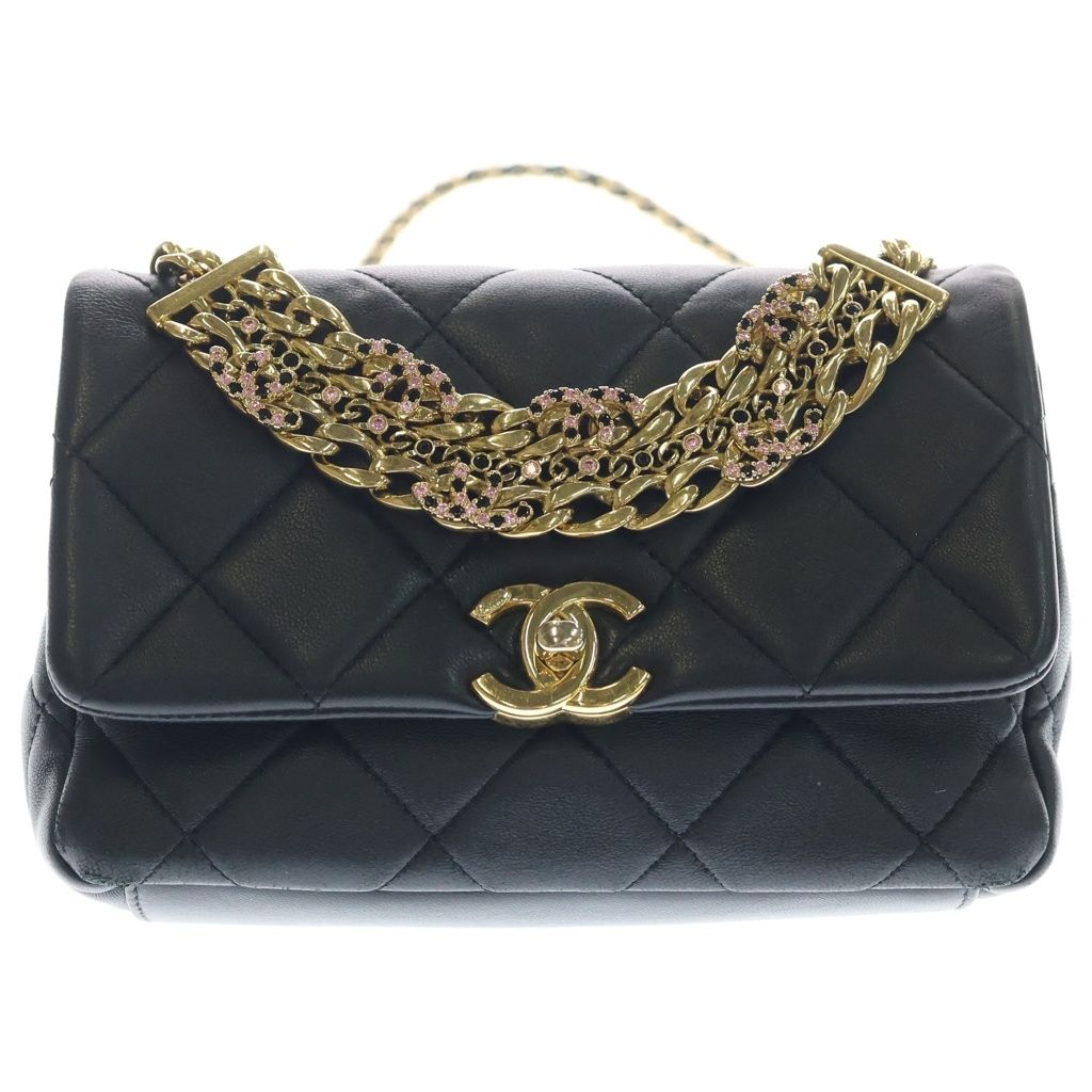 Chanel Chain Shoulder Bag Quilted CC Logo Black Lambskin Gold