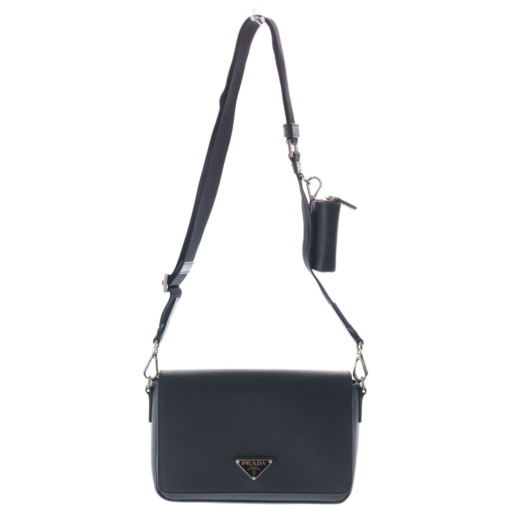 Prada Saffiano Shoulder Bag Black Leather Silver