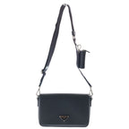 Prada Saffiano Shoulder Bag Black Leather Silver