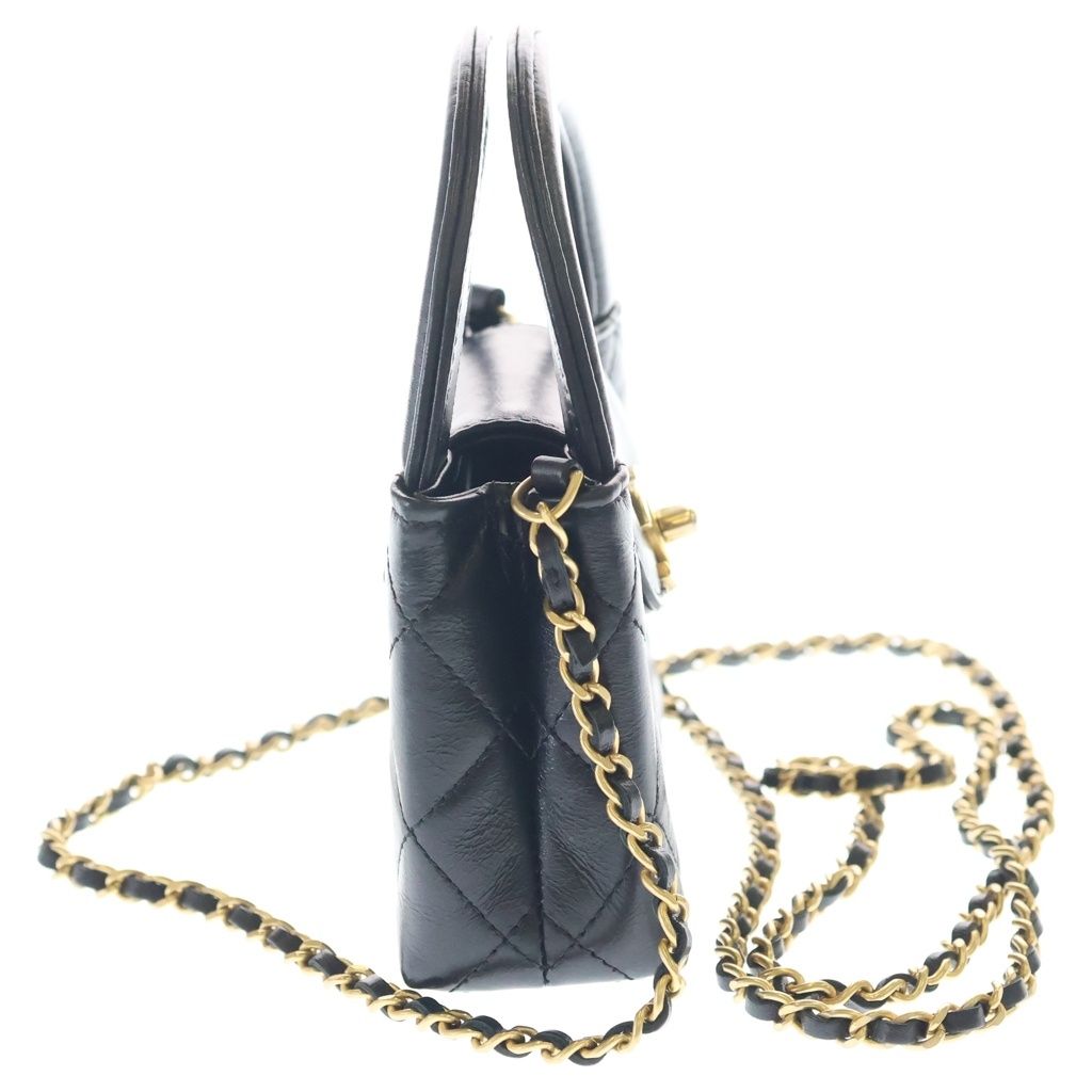 Chanel Quilted Top Handle Calfskin Leather Mini Chain Shoulder Bag Gold Black — view 3