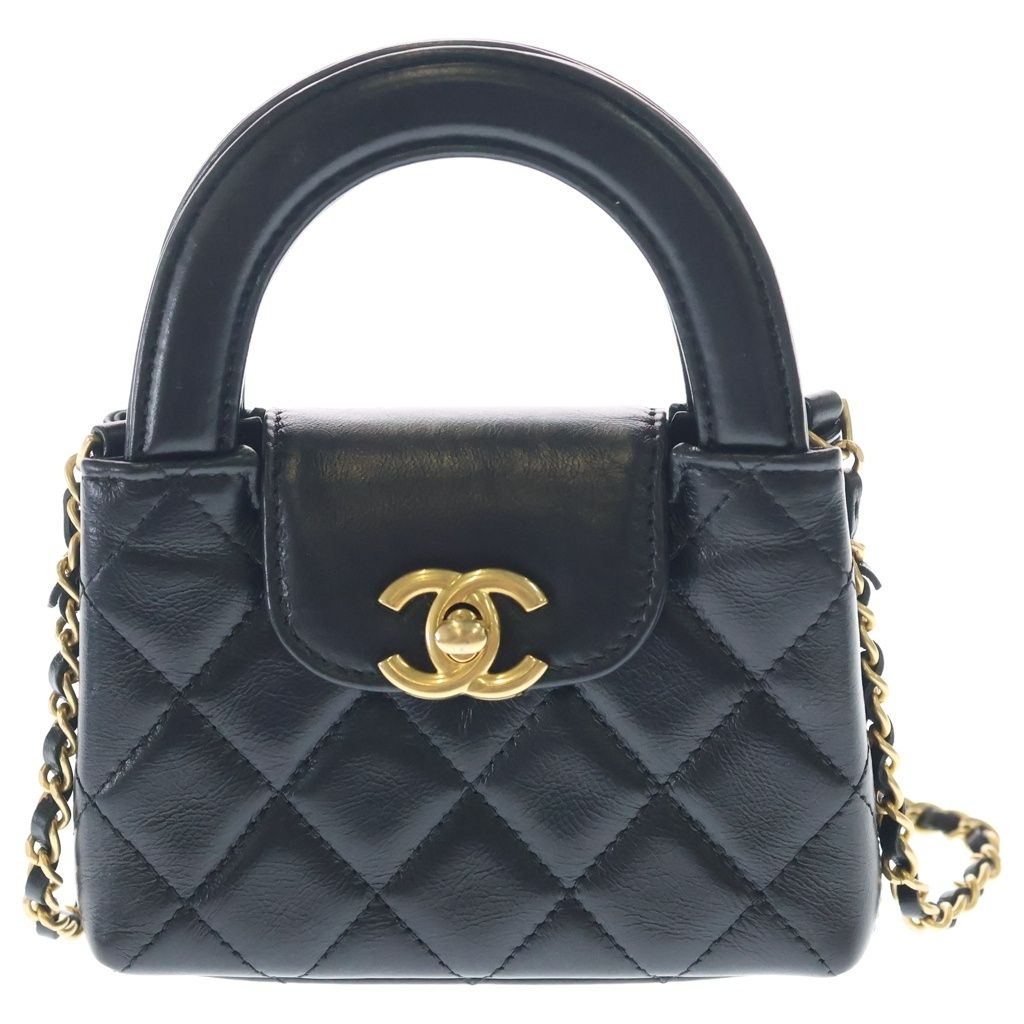 Chanel Quilted Top Handle Calfskin Leather Mini Chain Shoulder Bag Gold Black
