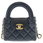 Chanel Quilted Top Handle Calfskin Leather Mini Chain Shoulder Bag Gold Black