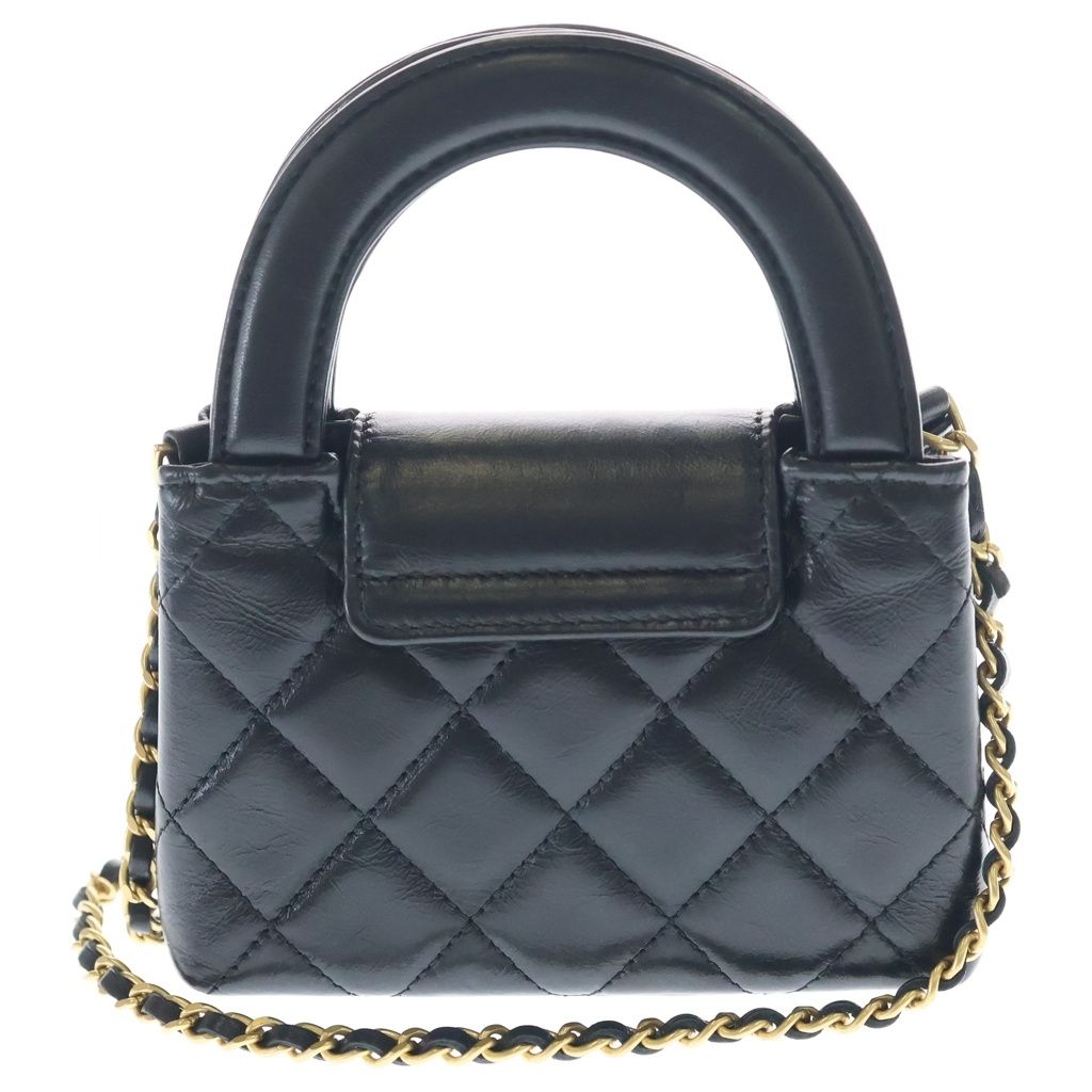 Chanel Quilted Top Handle Calfskin Leather Mini Chain Shoulder Bag Gold Black — view 2
