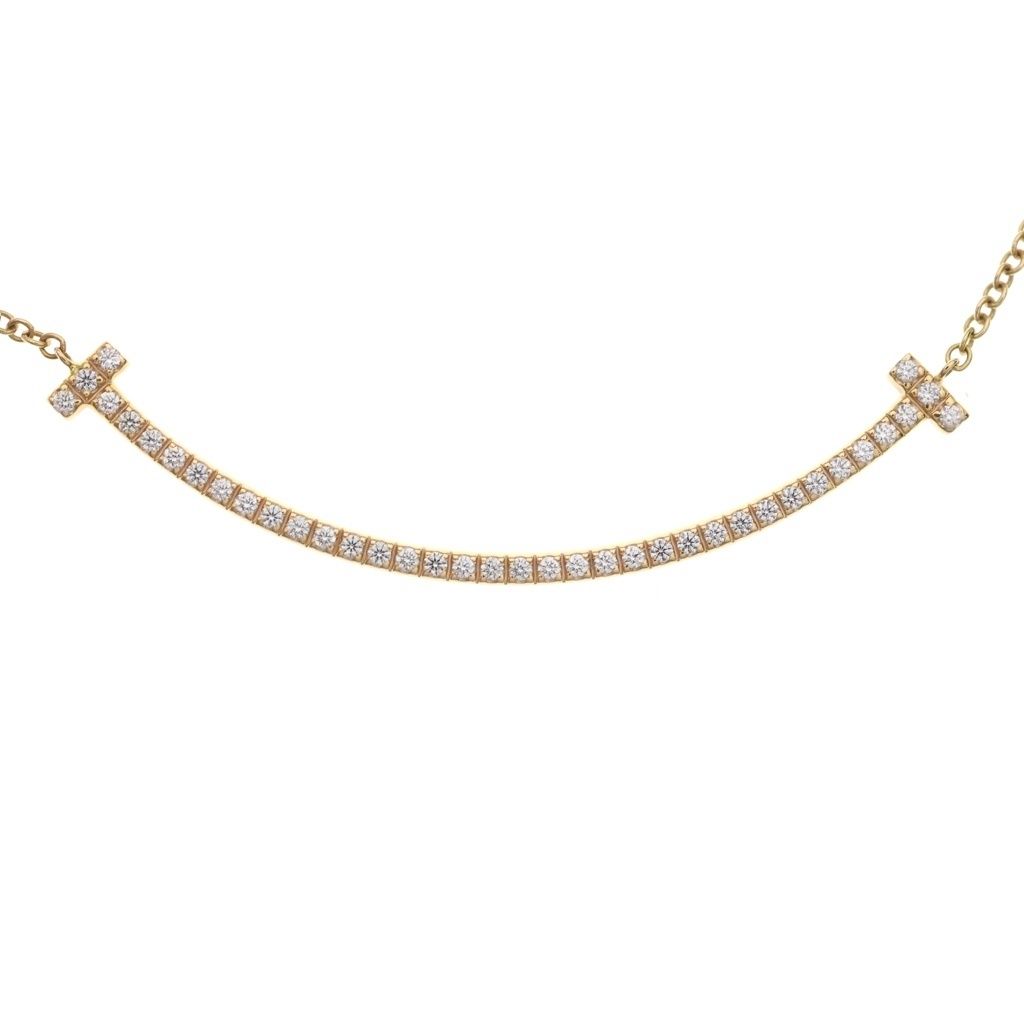 Tiffany & Co T Smile Small Diamond Pendant Chain Gold — view 3