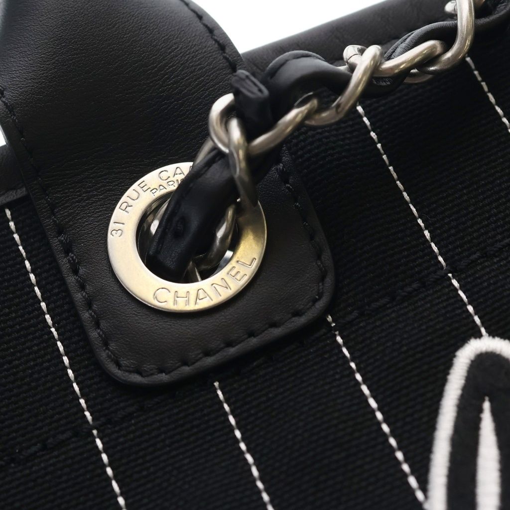 Chanel Deauville Canvas Logo Embroidery Tote Black Leather Silver — view 6