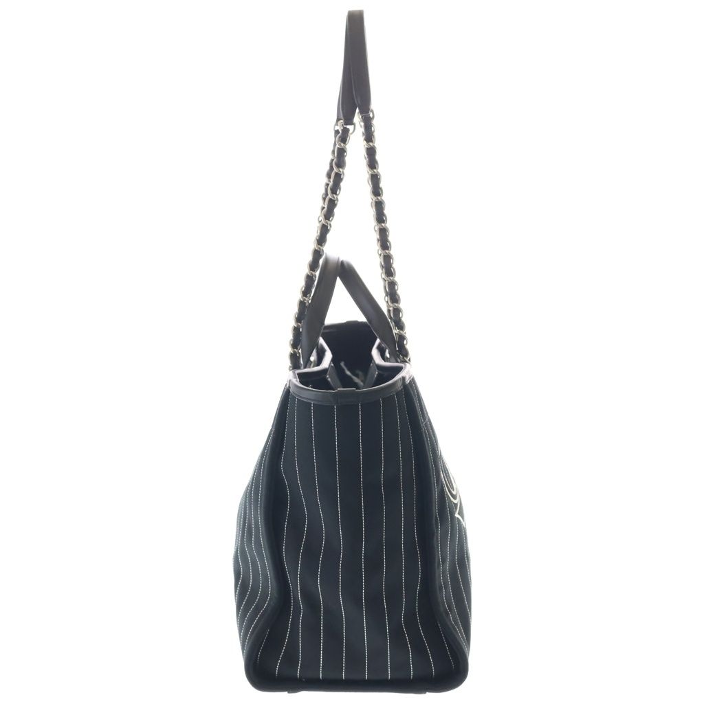Chanel Deauville Canvas Logo Embroidery Tote Black Leather Silver — view 3