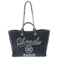 Chanel Deauville Canvas Logo Embroidery Tote Black Leather Silver