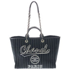 Chanel Deauville Canvas Logo Embroidery Tote Black Leather Silver