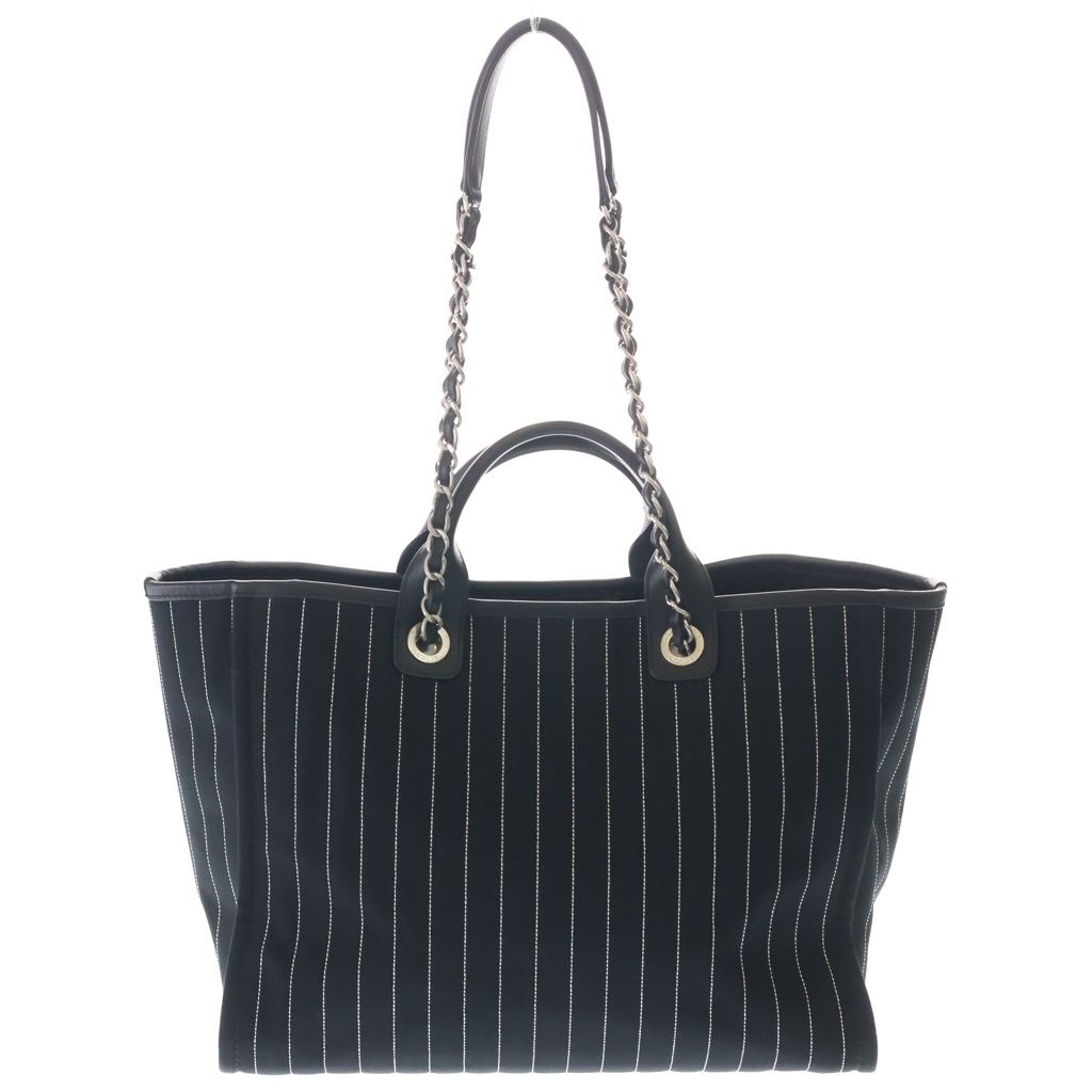 Chanel Deauville Canvas Logo Embroidery Tote Black Leather Silver — view 2