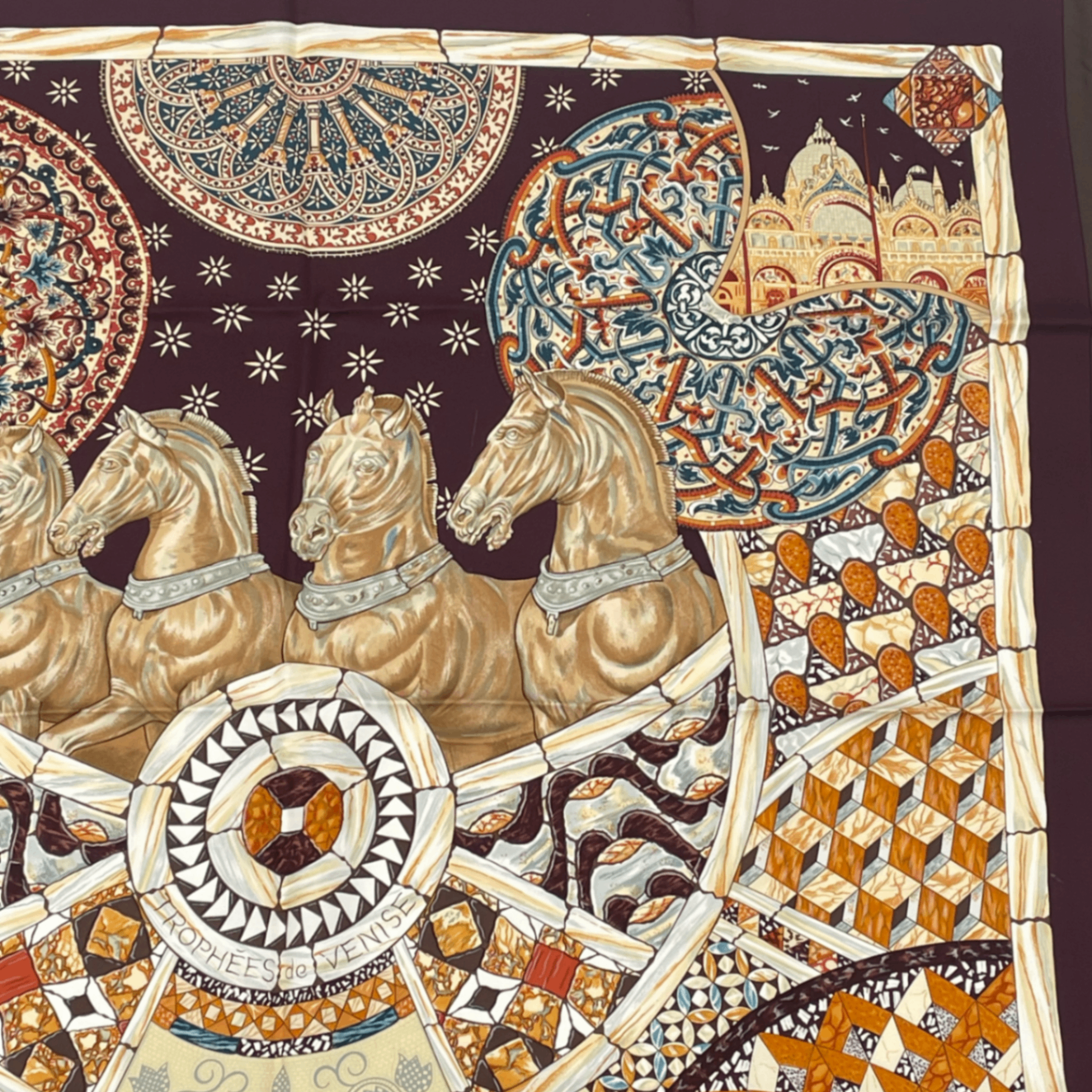 Hermes Carre 90 Triumph of Venice Trophees de Venise Scarf Silk Brown Horse — view 3
