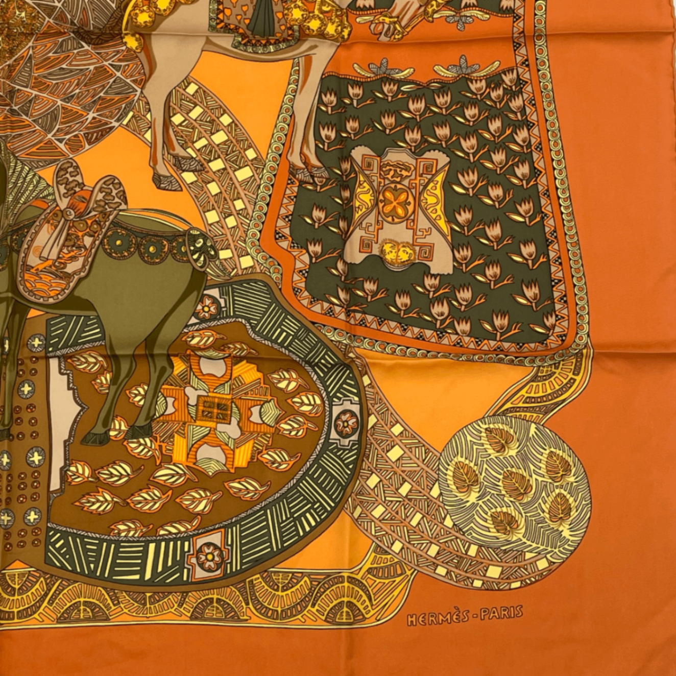 Hermes Carre 90 Art Des Steppes Step Art Horse Scarf Silk Orange — view 5