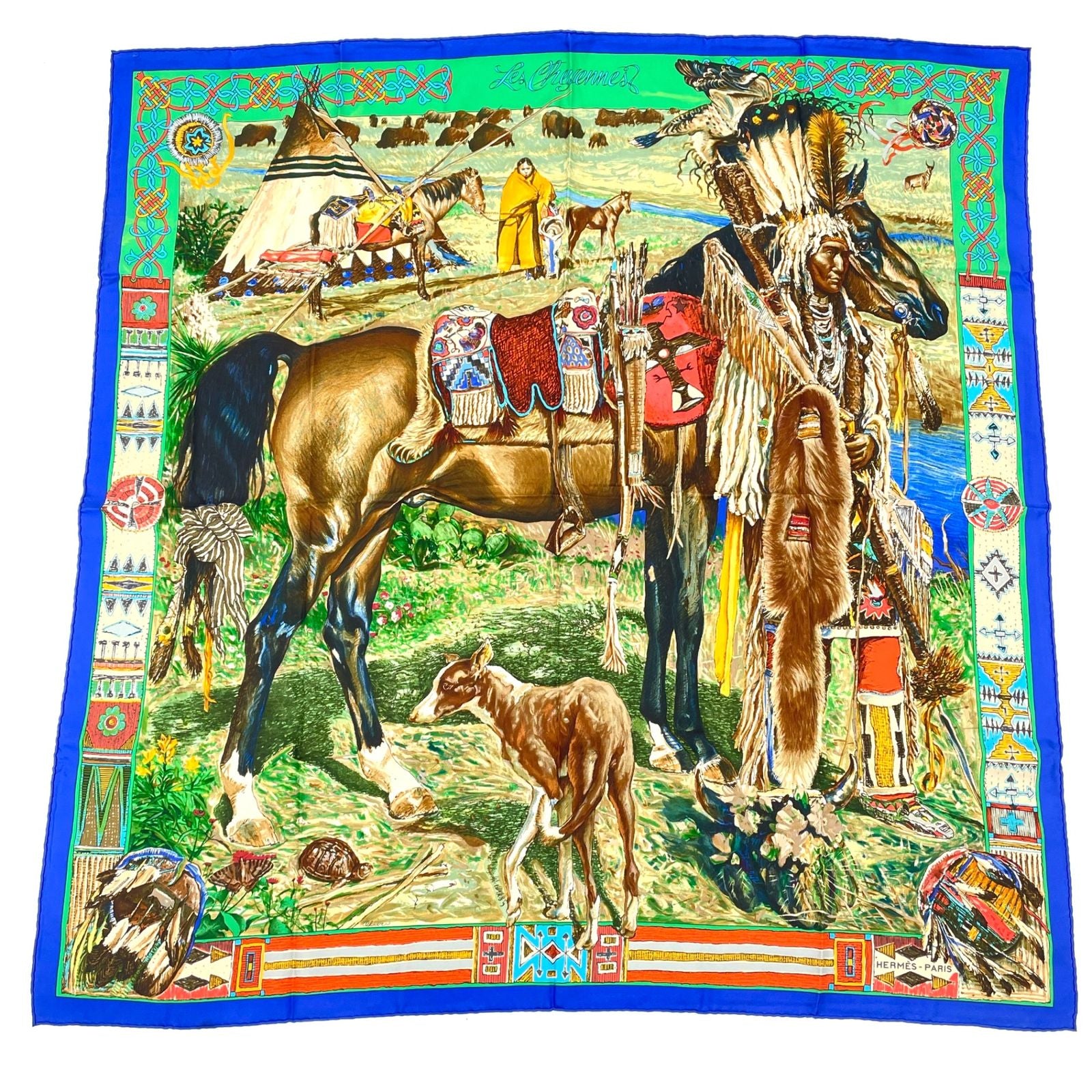 Hermes les Cheyenne Carre 90 Silk Navy Multicolor Scarf