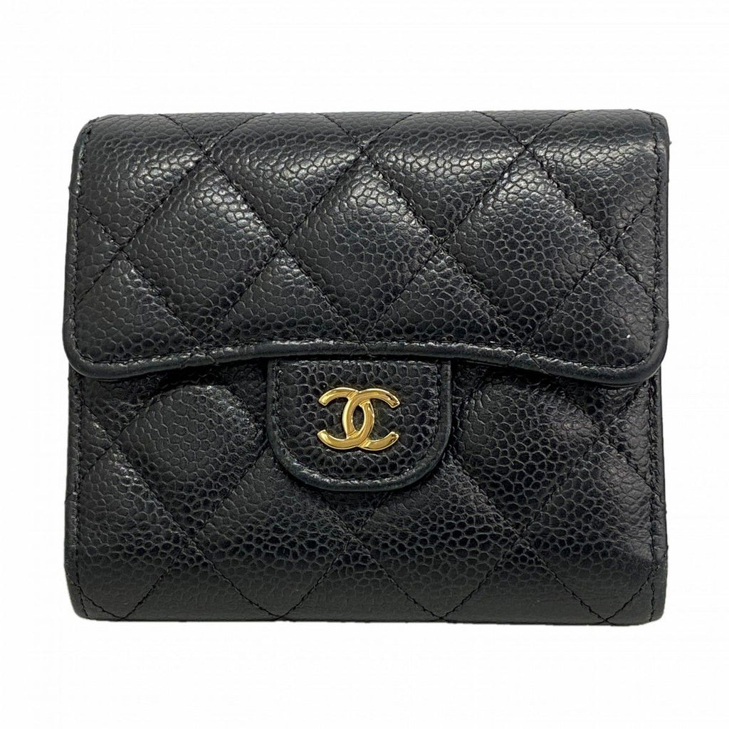 Chanel Trifold Wallet Quilted Caviar Leather Black Gold