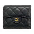 Chanel Trifold Wallet Quilted Caviar Leather Black Gold