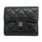 Chanel Trifold Wallet Quilted Caviar Leather Black Gold