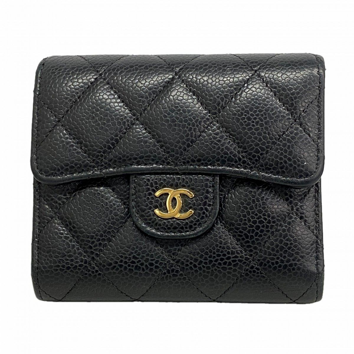 Chanel Trifold Wallet Quilted Caviar Leather Black Gold