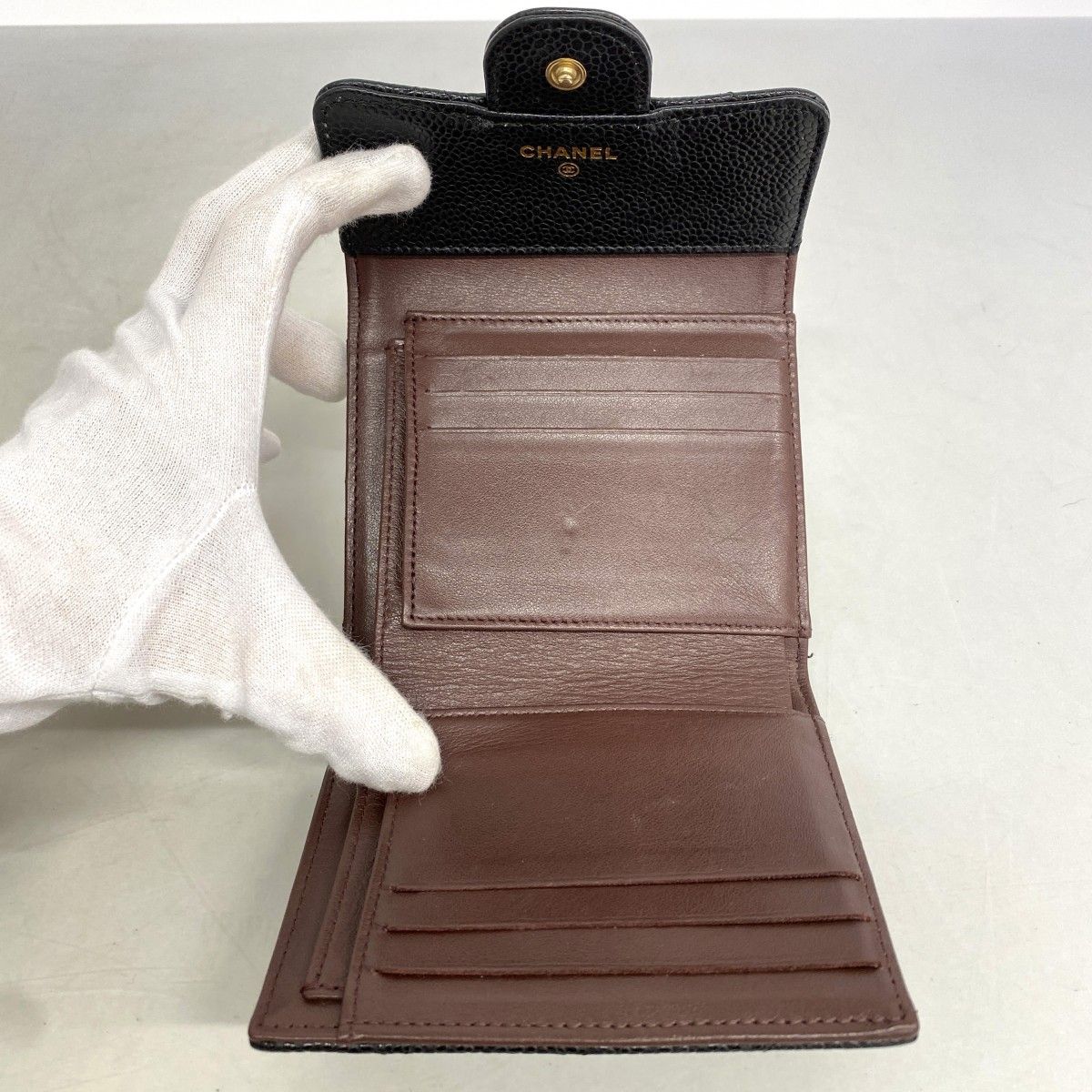 Chanel Trifold Wallet Quilted Caviar Leather Black Gold — view 3