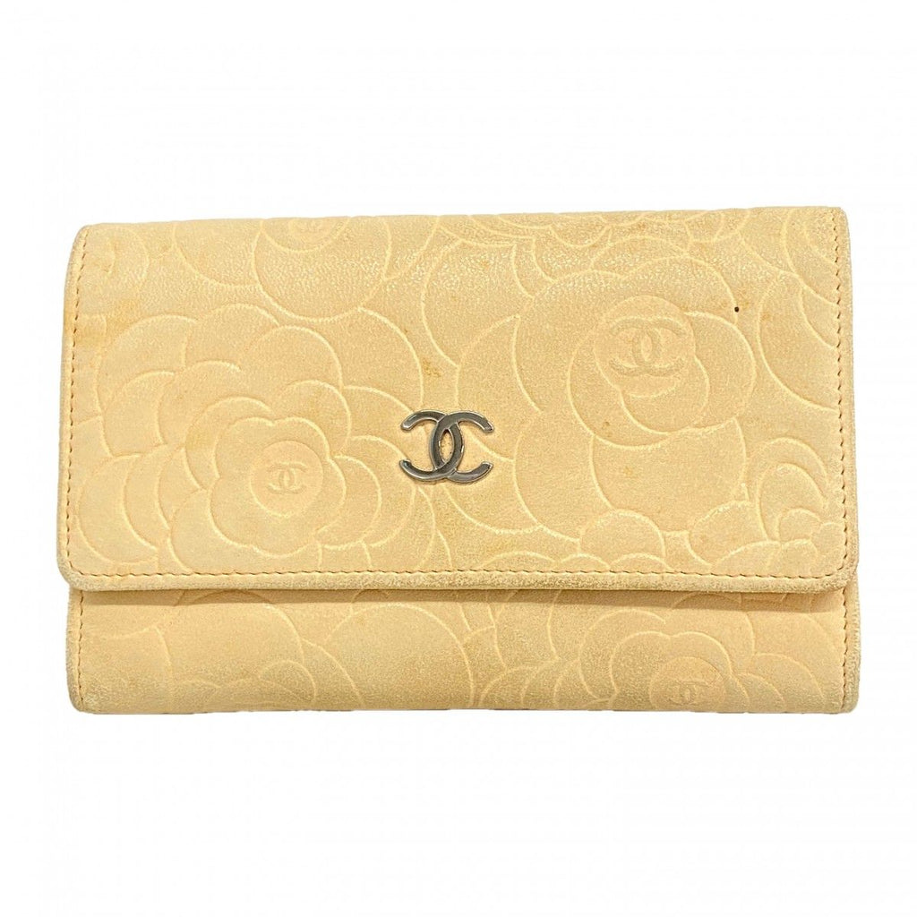 Chanel Wallet Camellia Lambskin Beige Silver
